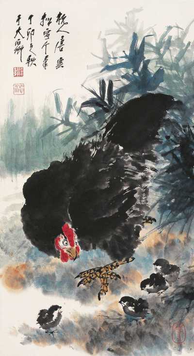 唐云 丁卯（1987）年作 群鸡 镜心